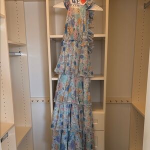 Floral Ruffle Dress with Blue and Orange Accents